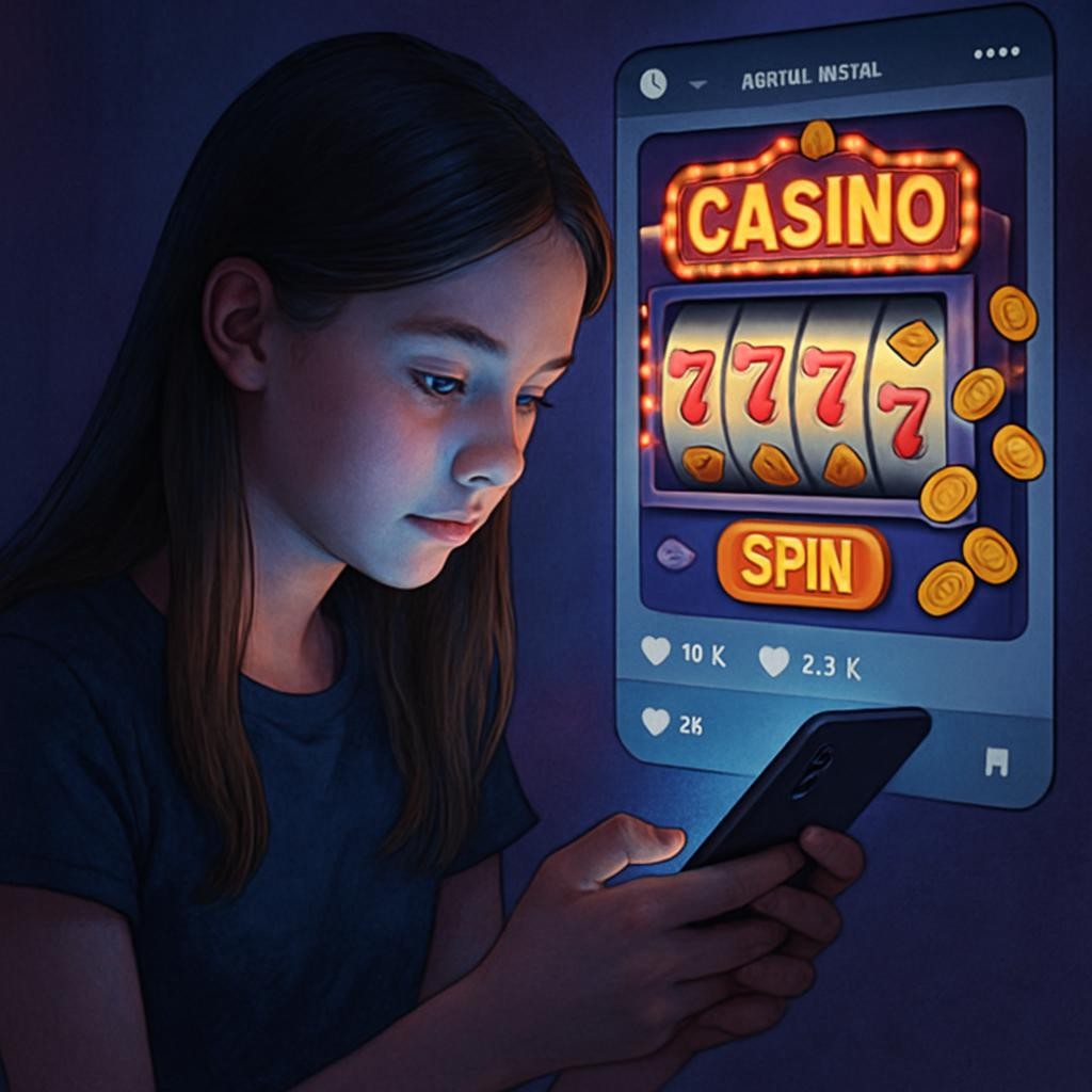 Girl using phone with digital casino slot machine showing text CASINO, SPIN, 777, and AGRTUL INSTAL.