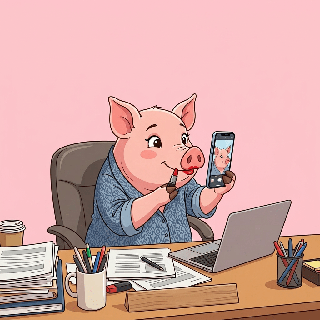 Person wearing pig mask applying red lipstick and taking a selfie in office cubicle